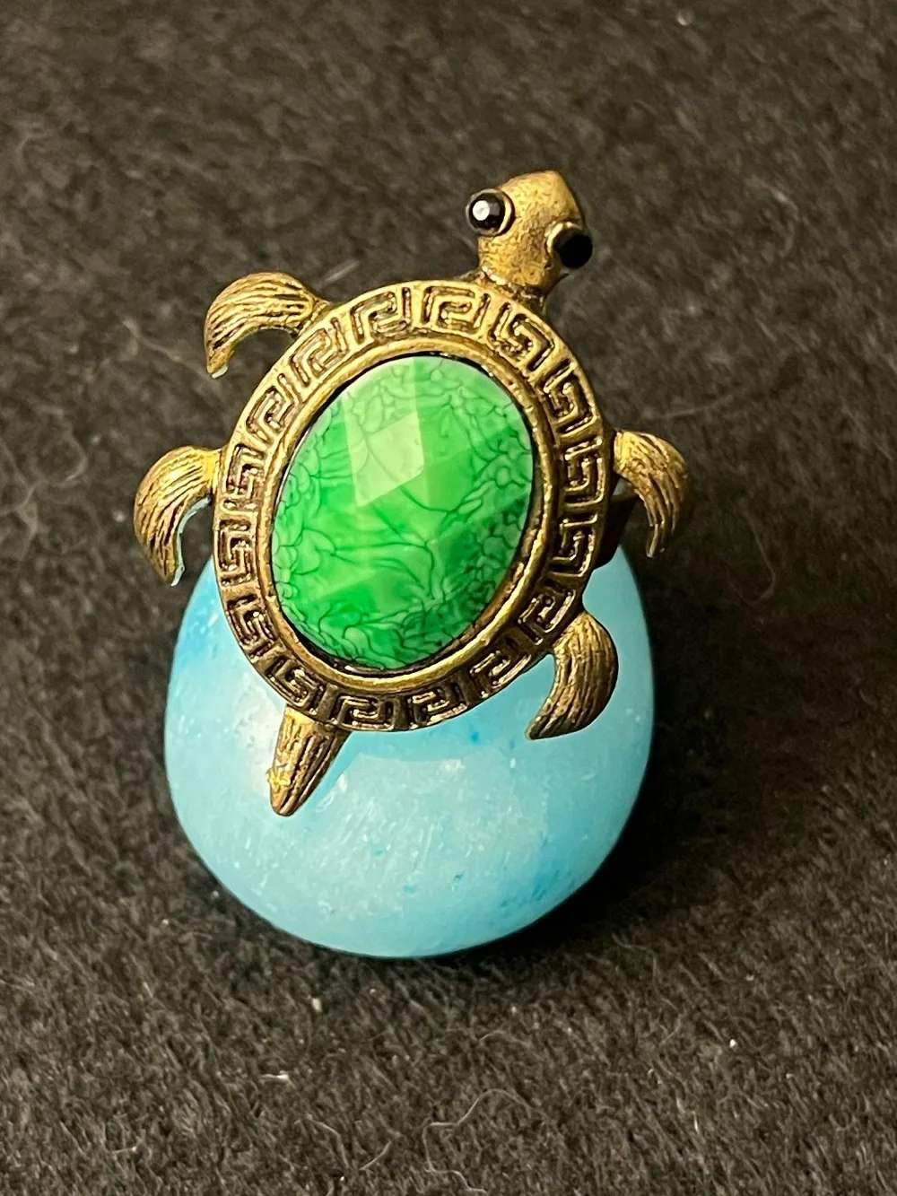 Vintage Turtle Ring with Green Faceted Stone and Antique Gold Finish Adjustable